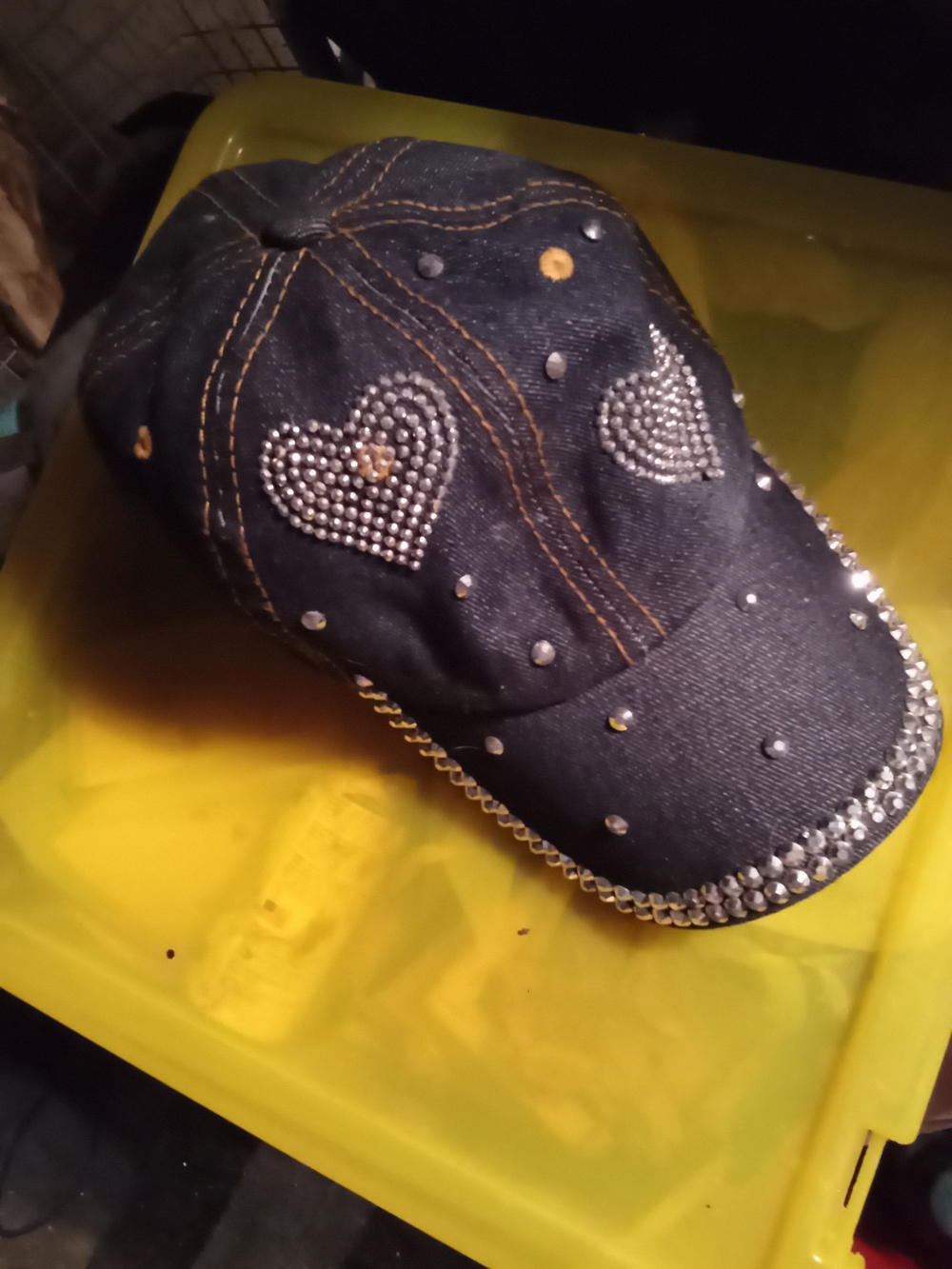 Others Follow Black Denim Kids Cap with Rhinestone Hearts